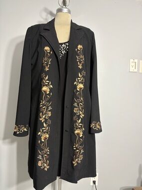 Jessica Black Light Trench Coat with beautiful detail Gold Floral Embroidery